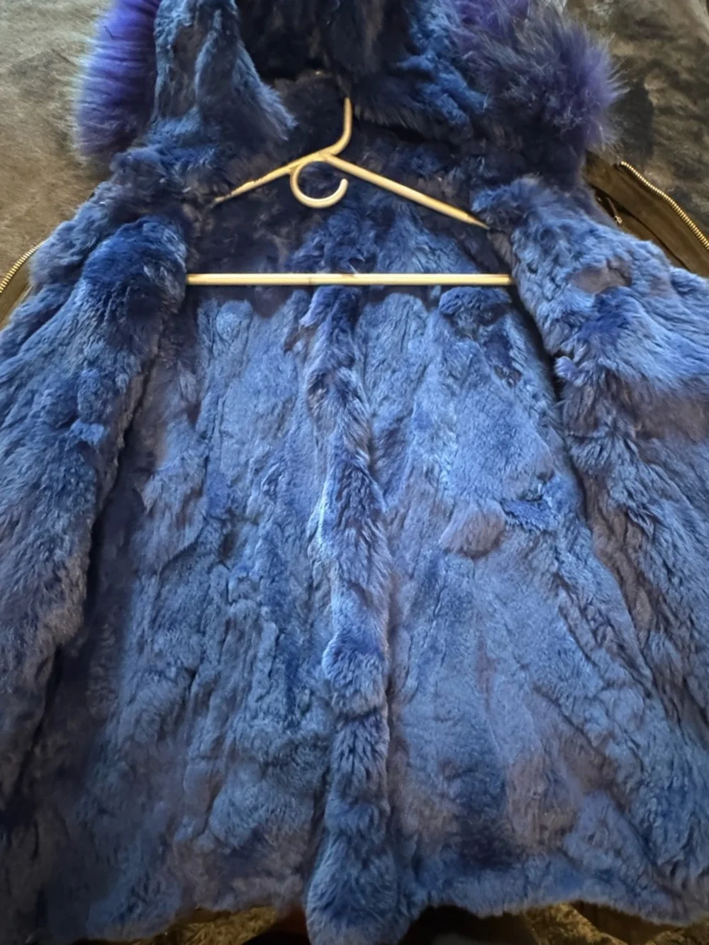 Black Hooded Jacket Blue Rex Rabbit Fur Lining Youth 170 (Fits Adult XS-S)